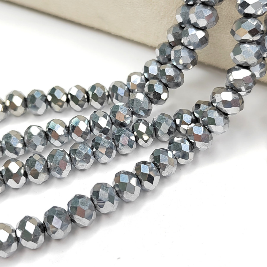 Рондели серебристые, стекло с гальваническим покрытием. Огранка, нить 38-40 см