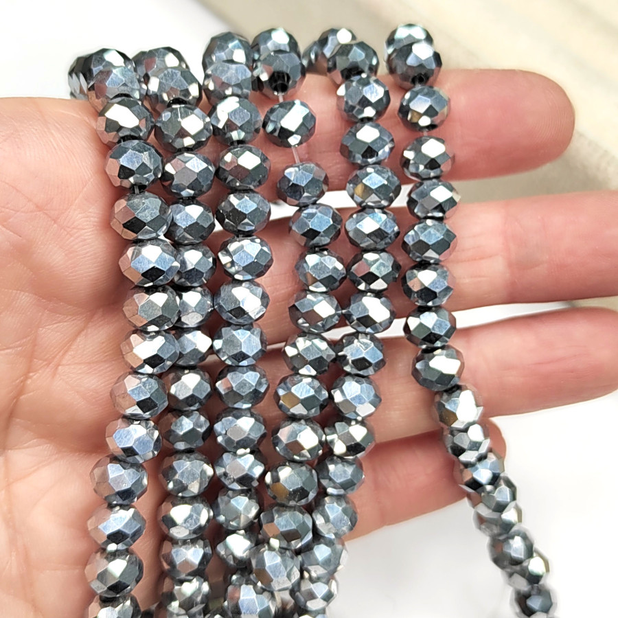 Рондели серебристые, стекло с гальваническим покрытием. Огранка, нить 38-40 см