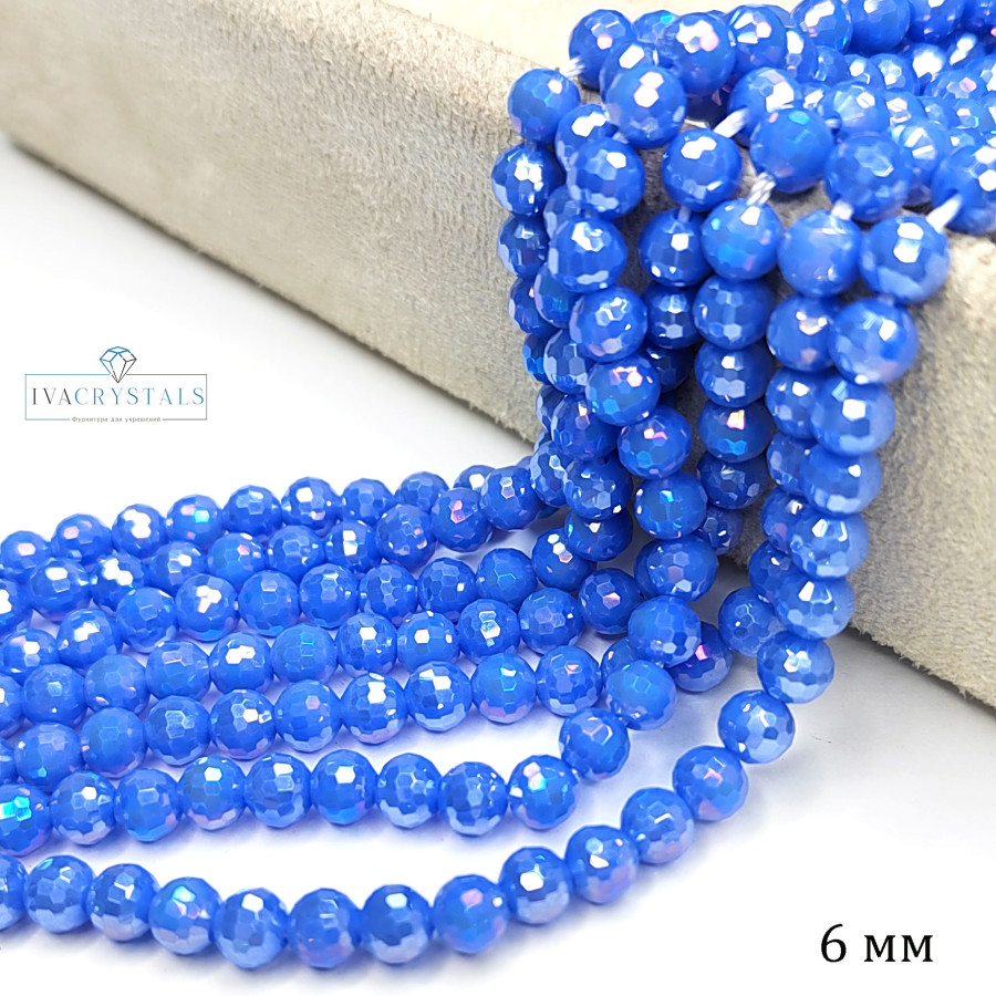 Стеклянные бусины 6 мм с гальваническим покрытием в огранке, нить 40 см цвет Индиго с сиянием АВ
