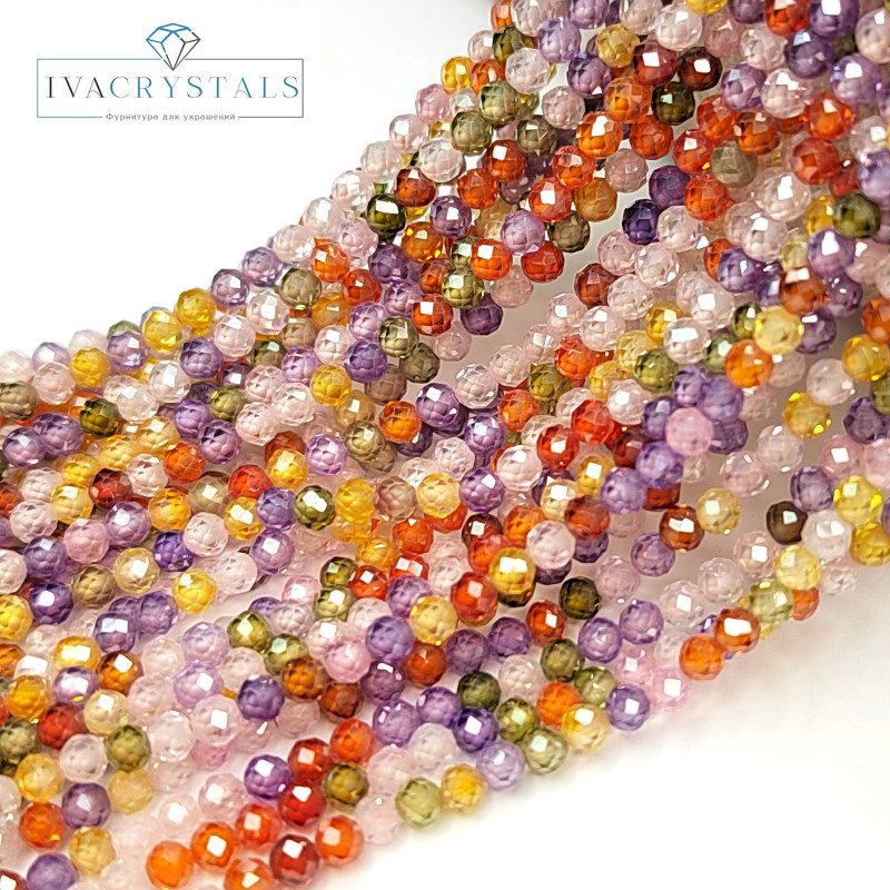 Циркон огранка 3 мм Микс, НИТЬ 38 см