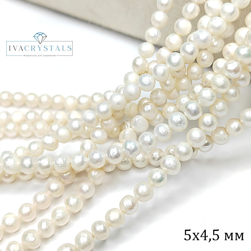 Жемчуг натуральный 5х4,5 мм округлой формы, культивированный, нить 39 см