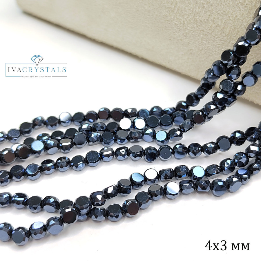 Бусины стеклянные 4х3 мм с гальваническим покрытием, нить 56-58 см