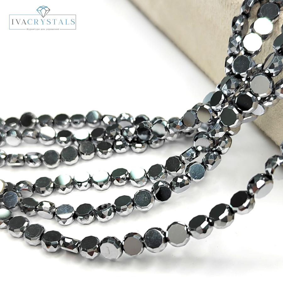 Бусины стеклянные 6х4 мм с гальваническим покрытием, нить 52-53 см Цвет Серебристый