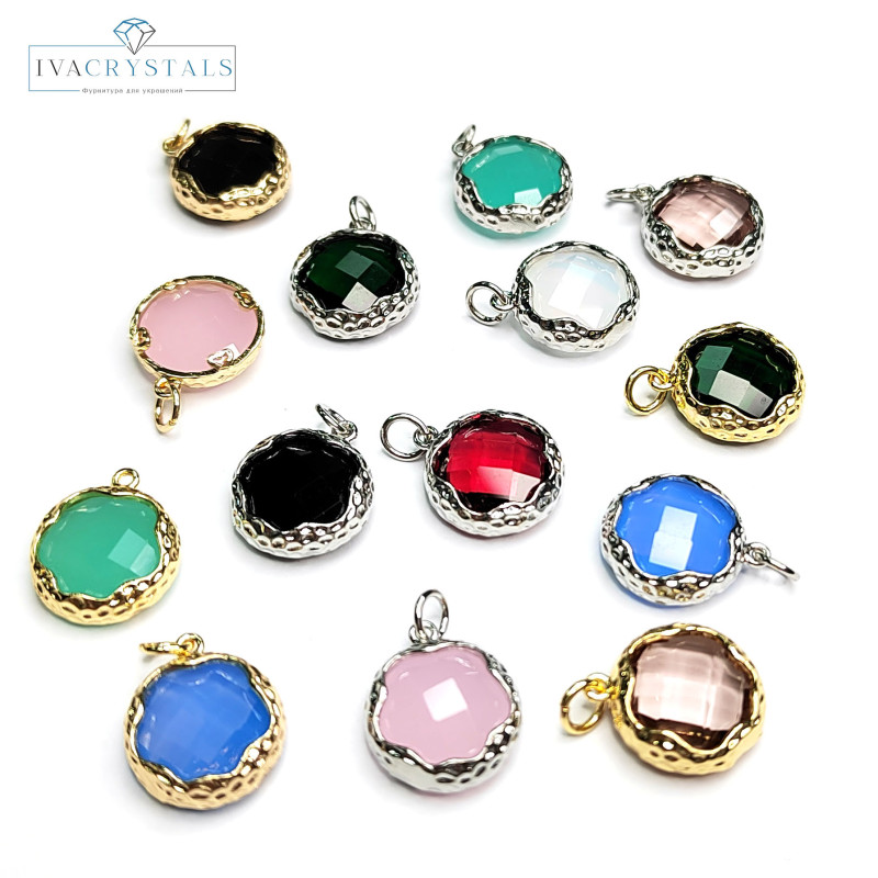 Подвеска круглая 14 мм с ювелирным стеклом, цвет опалит, оправа с родиевым покрытием, штука