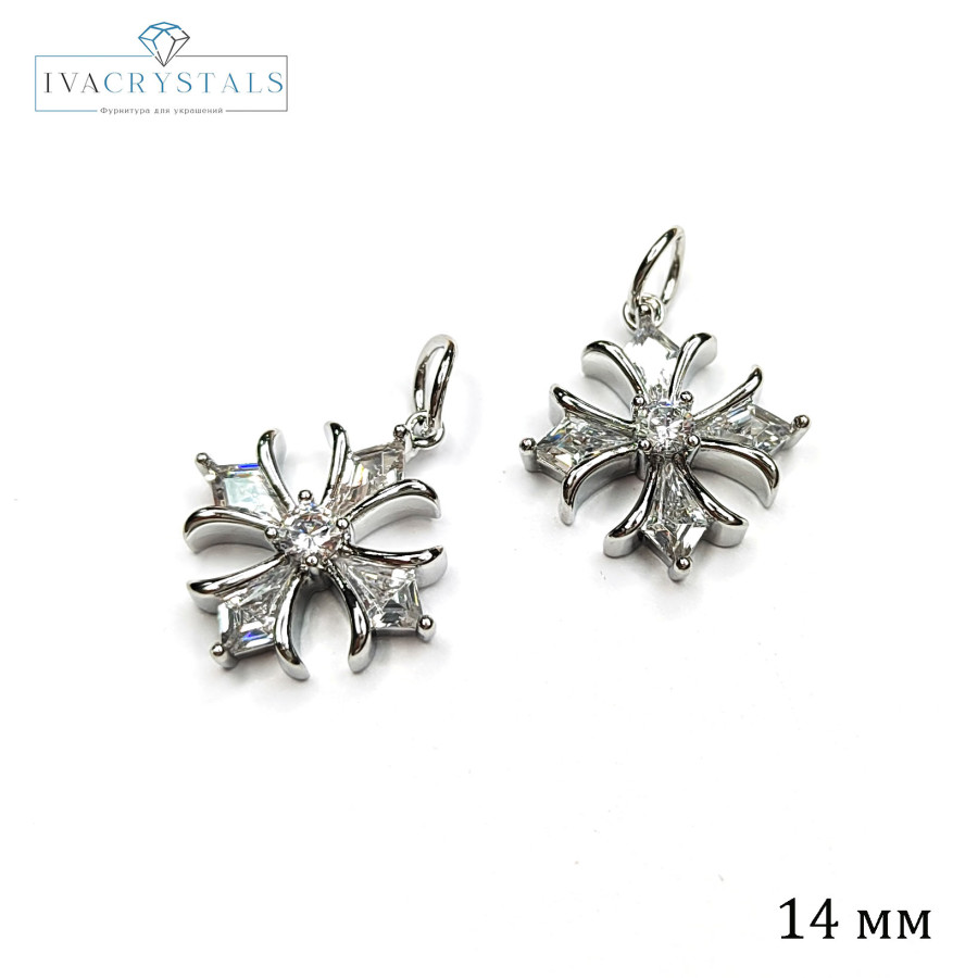 Подвеска Снежинка с фианитами 14 мм, штука покрытие Родий