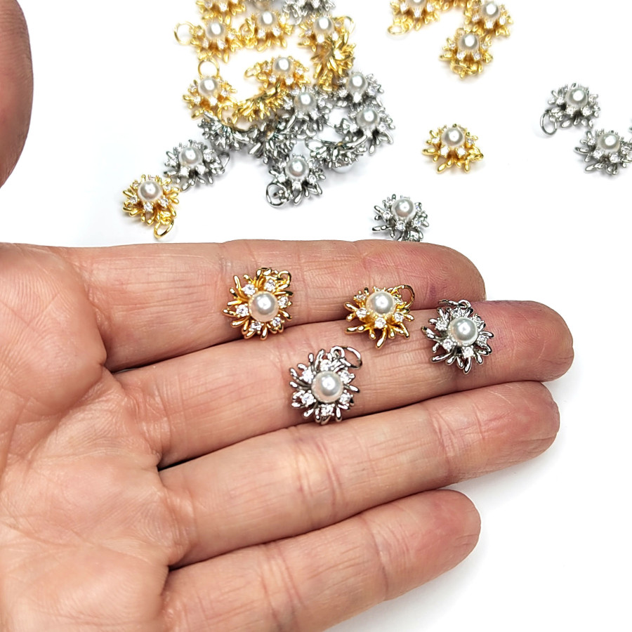 Подвеска Цветок с жемчужиной и фианитами 12 мм, ШТУКА