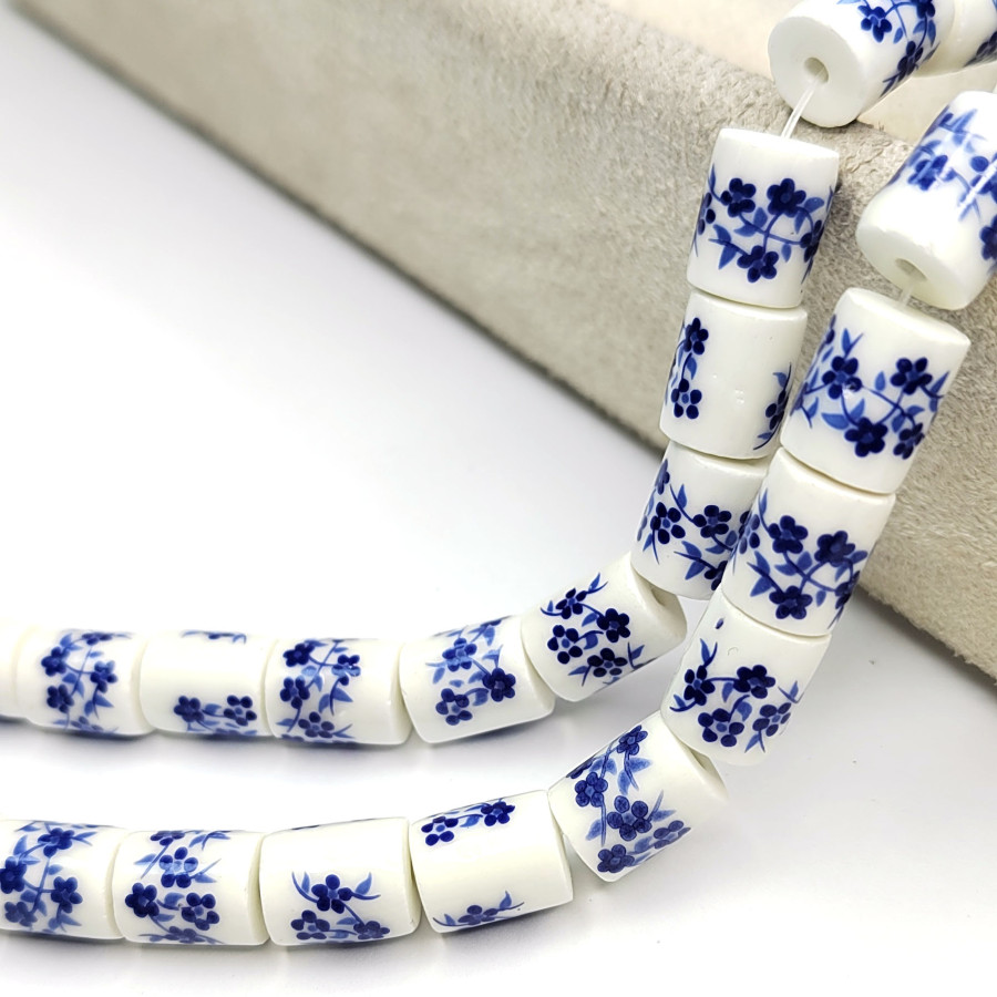 Бусины керамические Столбик 10х8 мм с узором Гжель, ШТУКА нить 31 см (30 бусин)