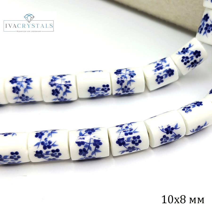 Бусины керамические Столбик 10х8 мм с узором Гжель, ШТУКА