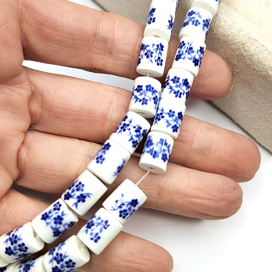 Бусины керамические Столбик 10х8 мм с узором Гжель, ШТУКА