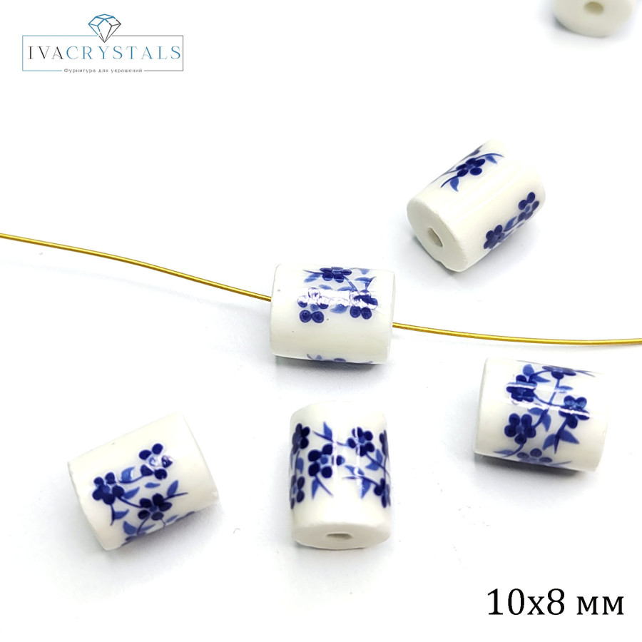 Бусины керамические Столбик 10х8 мм с узором Гжель, ШТУКА штука (бусина)