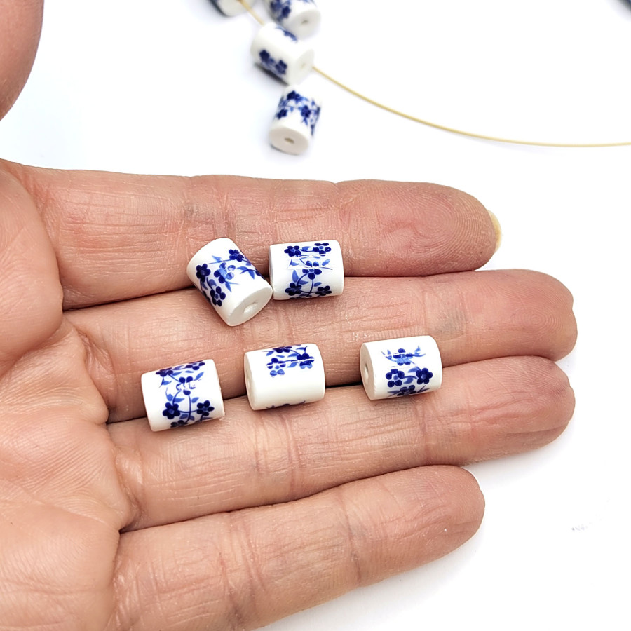 Бусины керамические Столбик 10х8 мм с узором Гжель, ШТУКА