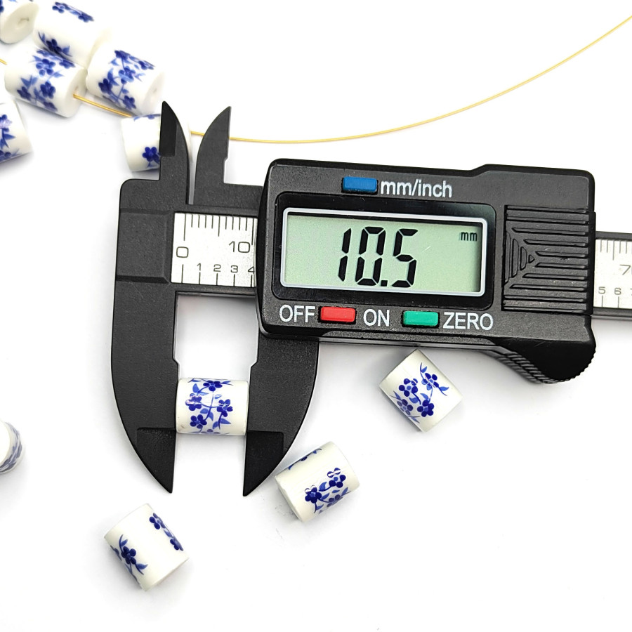 Бусины керамические Столбик 10х8 мм с узором Гжель, ШТУКА