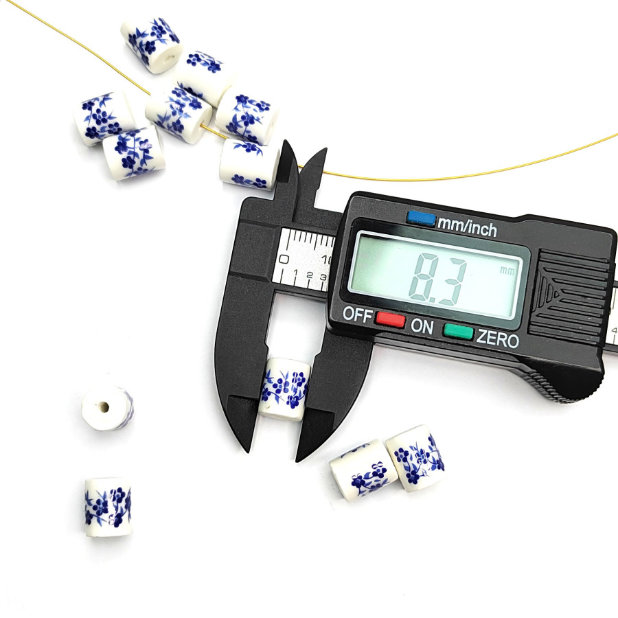 Бусины керамические Столбик 10х8 мм с узором Гжель, ШТУКА