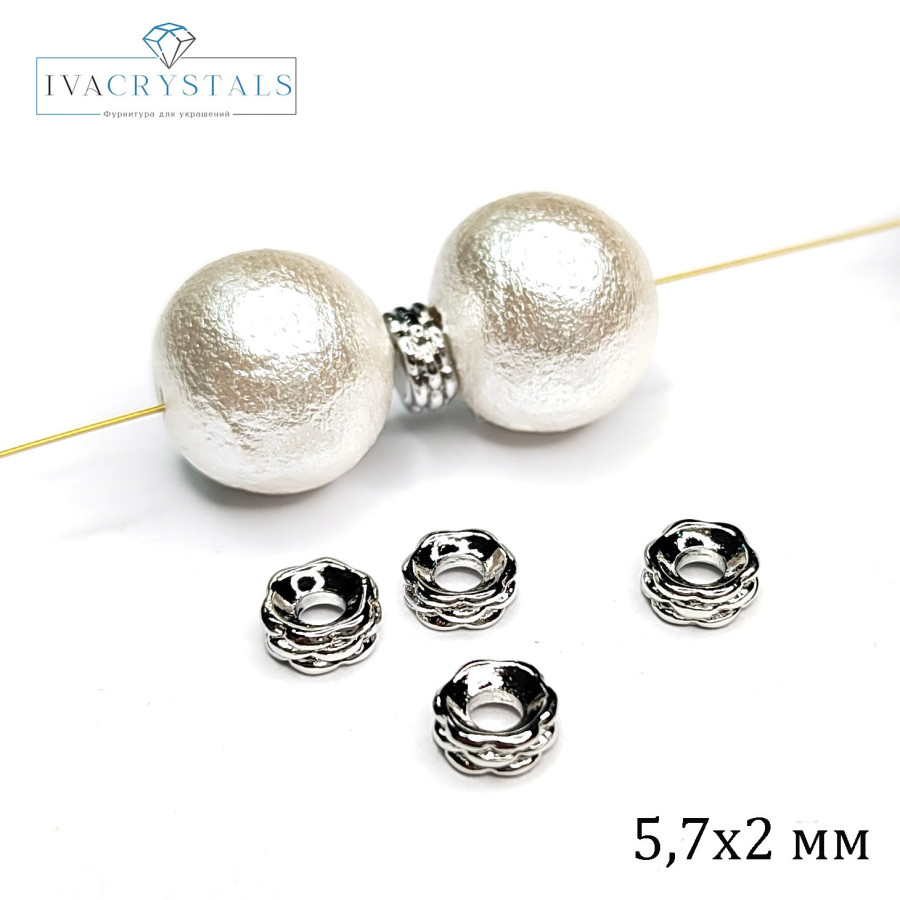 5,7х2,2 мм Разделительные бусины узорные, форма рондель, штука покрытие Родий