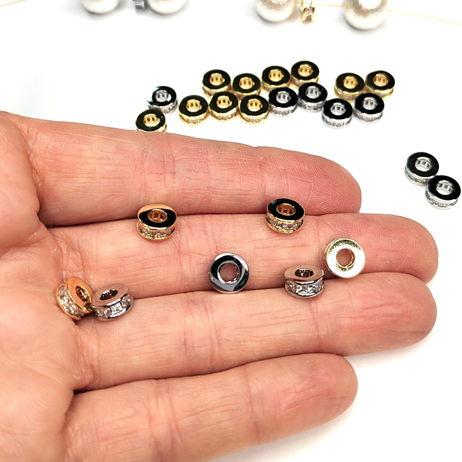 Разделительная бусина с фианитами, рондель 7,5х3 мм, штука