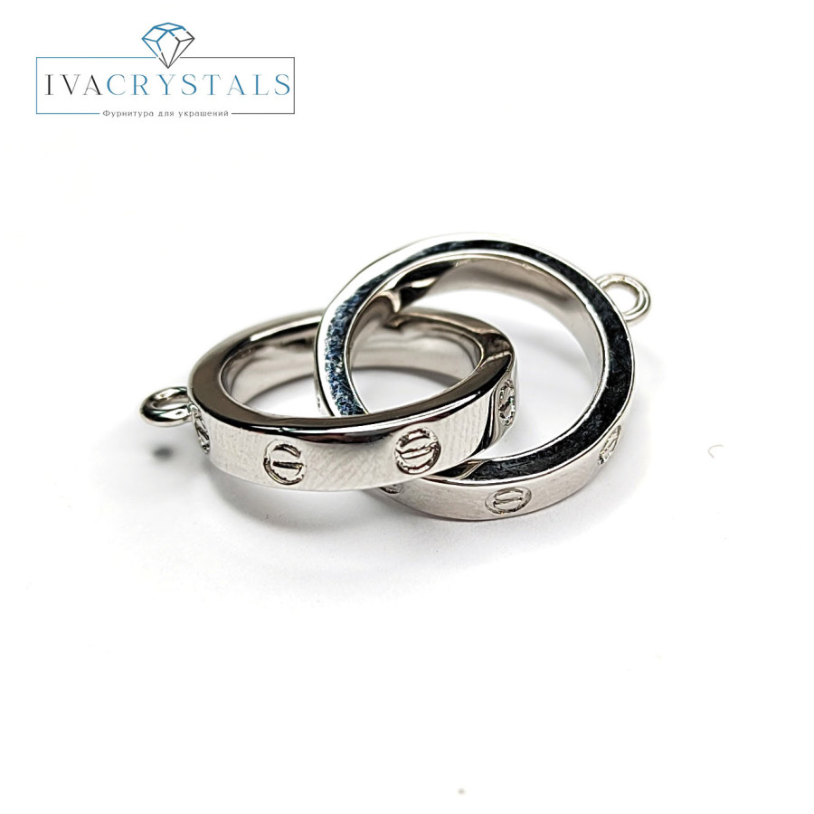 Двойной коннектор из двух колец с петельками, кольцо 15х2,8 мм покрытие Родий