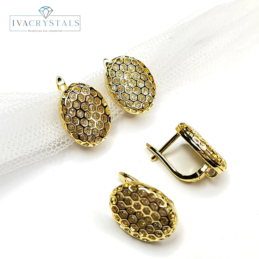 Швензы "Соты" 16х12 мм с фианитами, пара покрытие Позолота