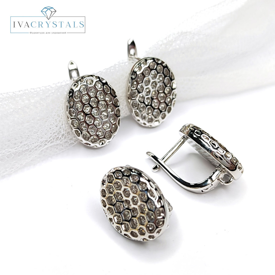 Швензы "Соты" 16х12 мм с фианитами, пара покрытие Родий