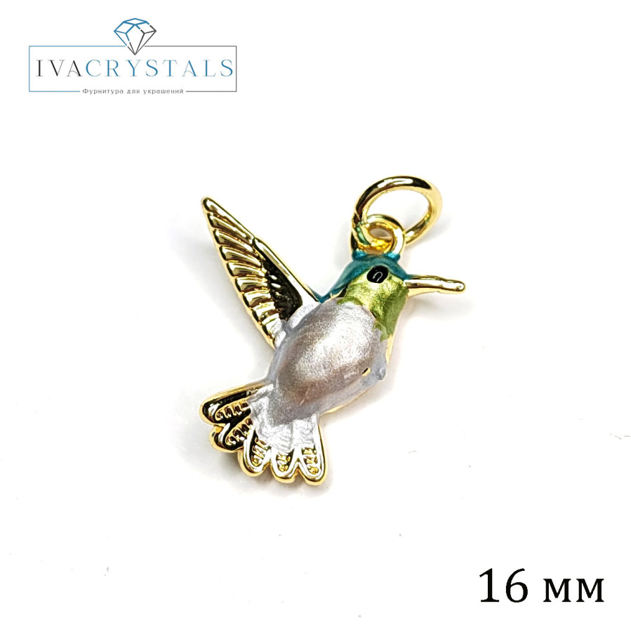 Подвеска Птичка Колибри 16х15 мм с эмалью, штука покрытие Позолота