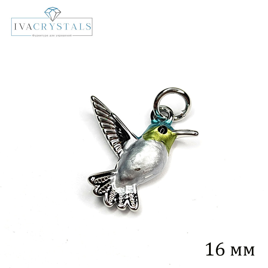 Подвеска Птичка Колибри 16х15 мм с эмалью, штука покрытие Родий