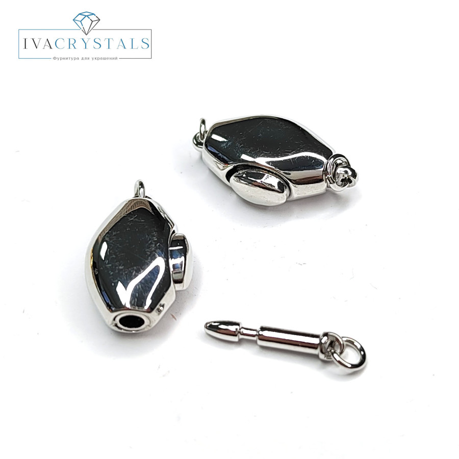 Замочек - застёжка разъемный 19х11 мм, карабин с палочкой на кнопке, штука покрытие Родий