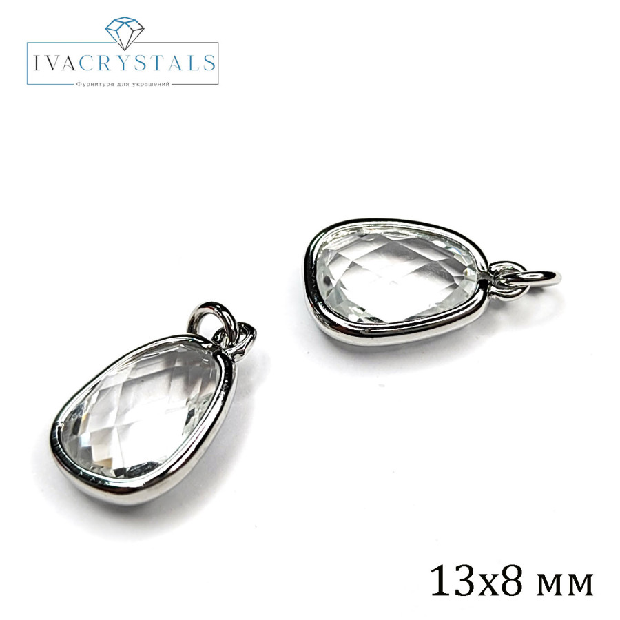 Подвеска Капля 13х8 мм с ювелирным стеклом, штука покрытие Родий
