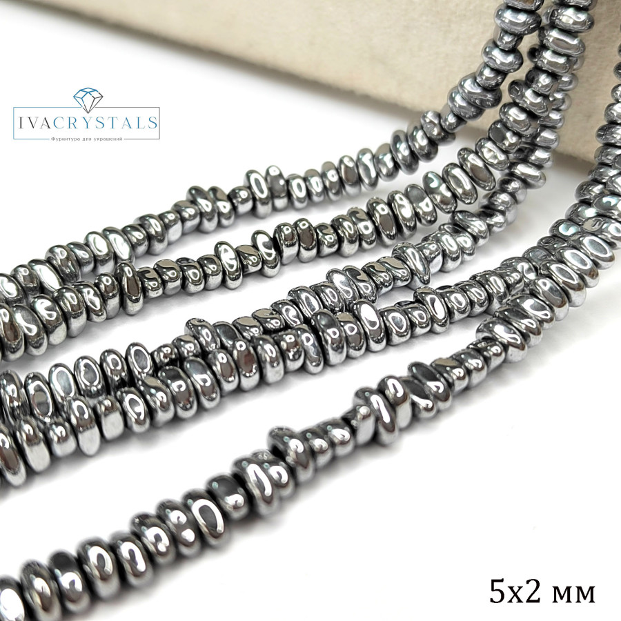 Гематит галтовка 5х2 мм, нить 40 см покрытие Родий