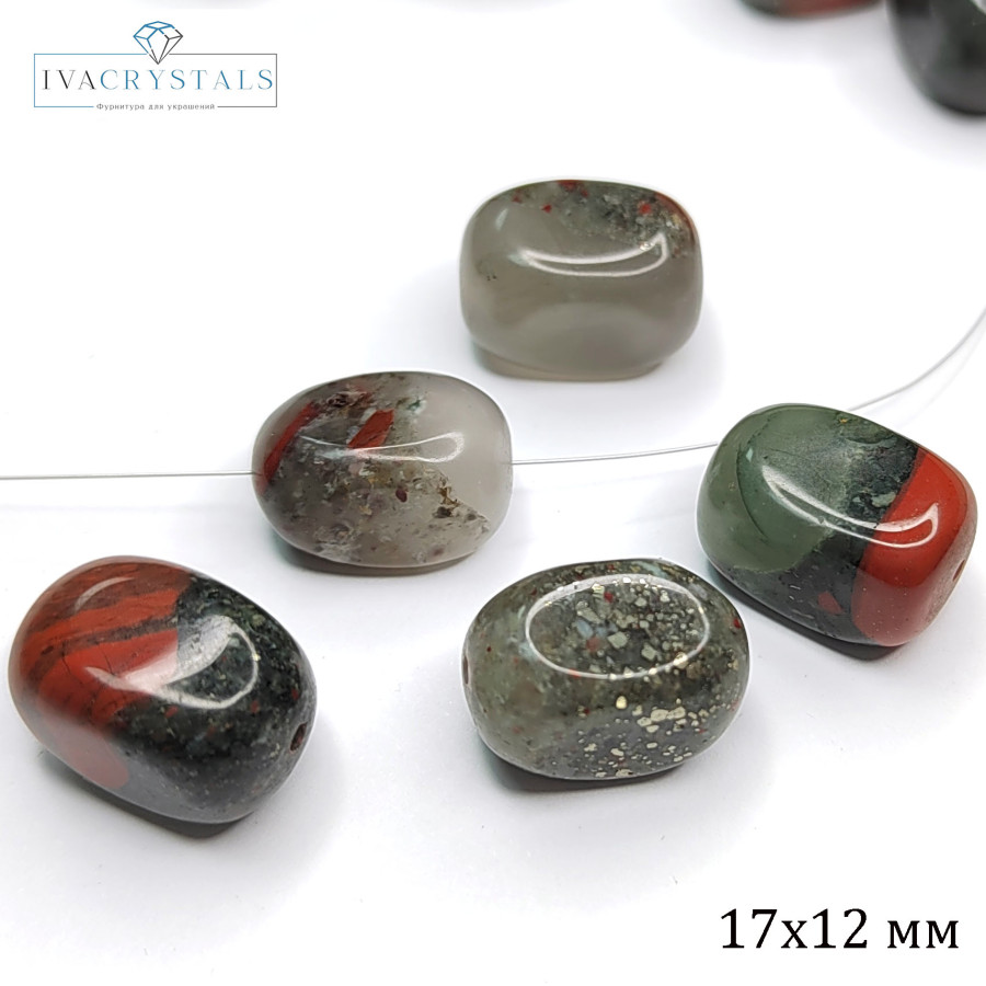 Гелиотроп африканский натуральный, "кровавая яшма" 18х12 мм Бусина