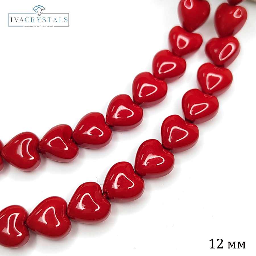 12 мм Жемчуг майорка, форма Сердечко, цвет красный, Стекло Нить 40 см (35 шт.)