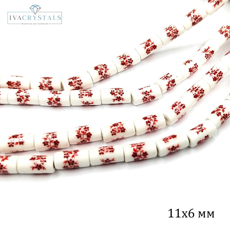 Бусины керамические Столбик 11Х6 мм с красным узором Гжель