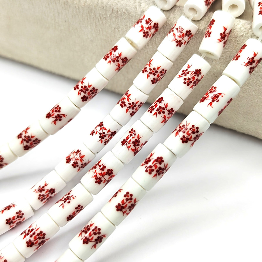 Бусины керамические Столбик 11Х6 мм с красным узором Гжель