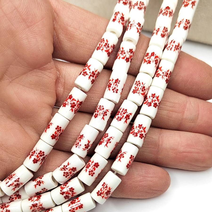 Бусины керамические Столбик 11Х6 мм с красным узором Гжель Нить 34 см (30 бусин)