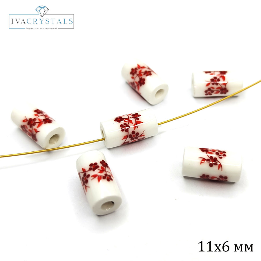 Бусины керамические Столбик 11Х6 мм с красным узором Гжель Бусина