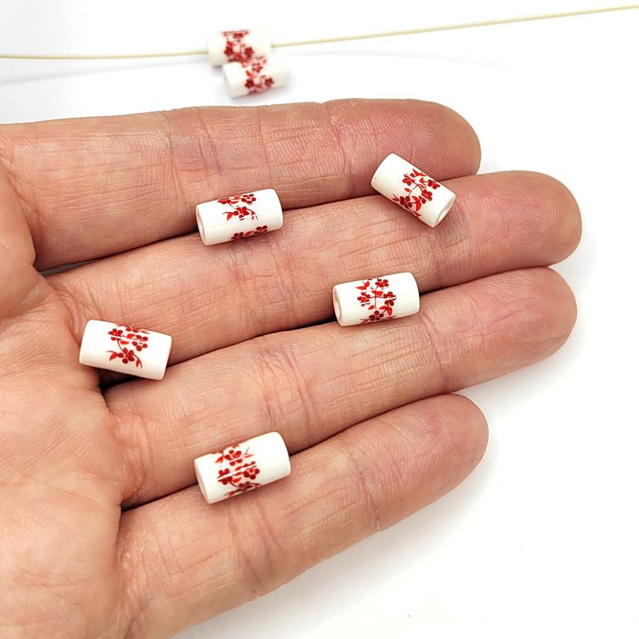 Бусины керамические Столбик 11Х6 мм с красным узором Гжель