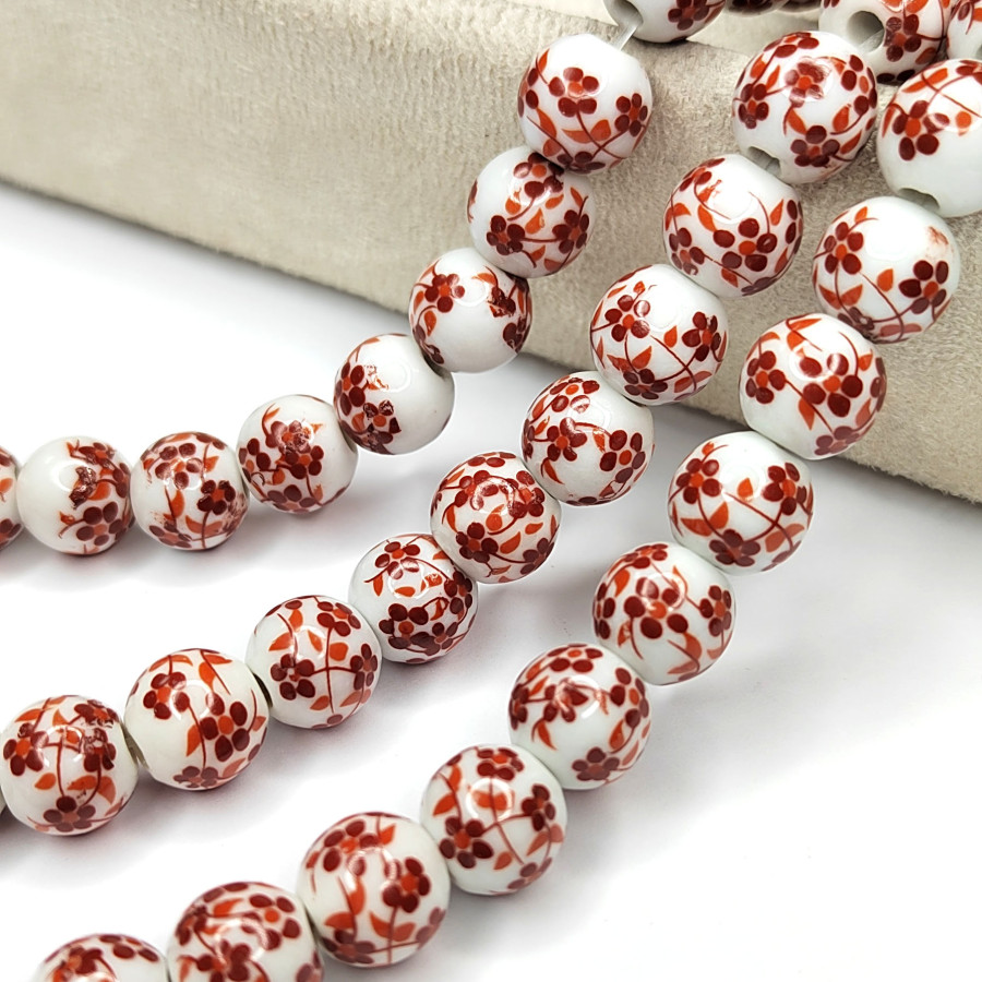 Бусины керамические 11 мм с красным узором Гжель