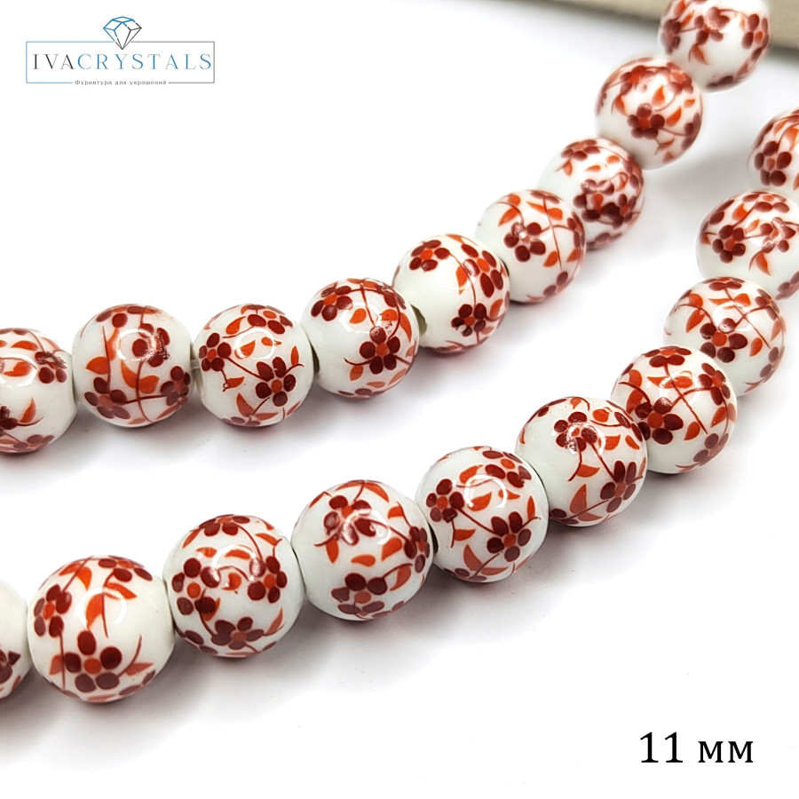 Бусины керамические 11 мм с красным узором Гжель