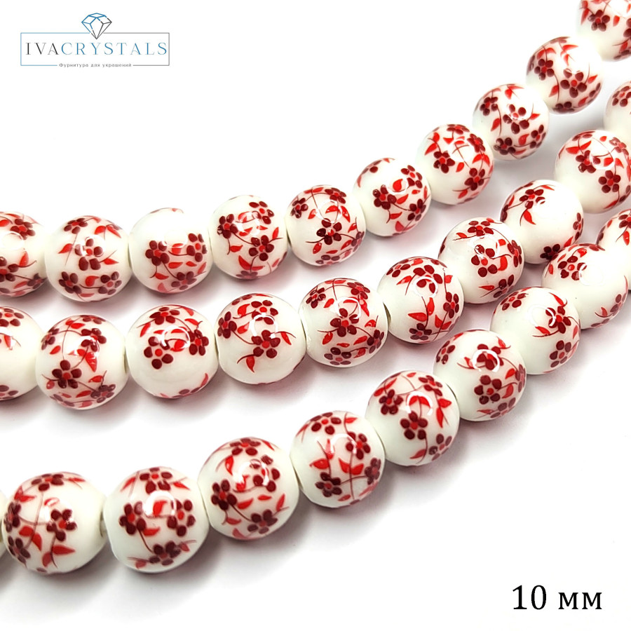 Бусины керамические 10 мм с красным узором Гжель