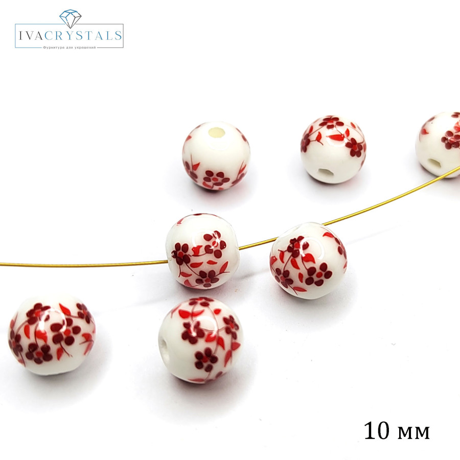 Бусины керамические 10 мм с красным узором Гжель Бусина
