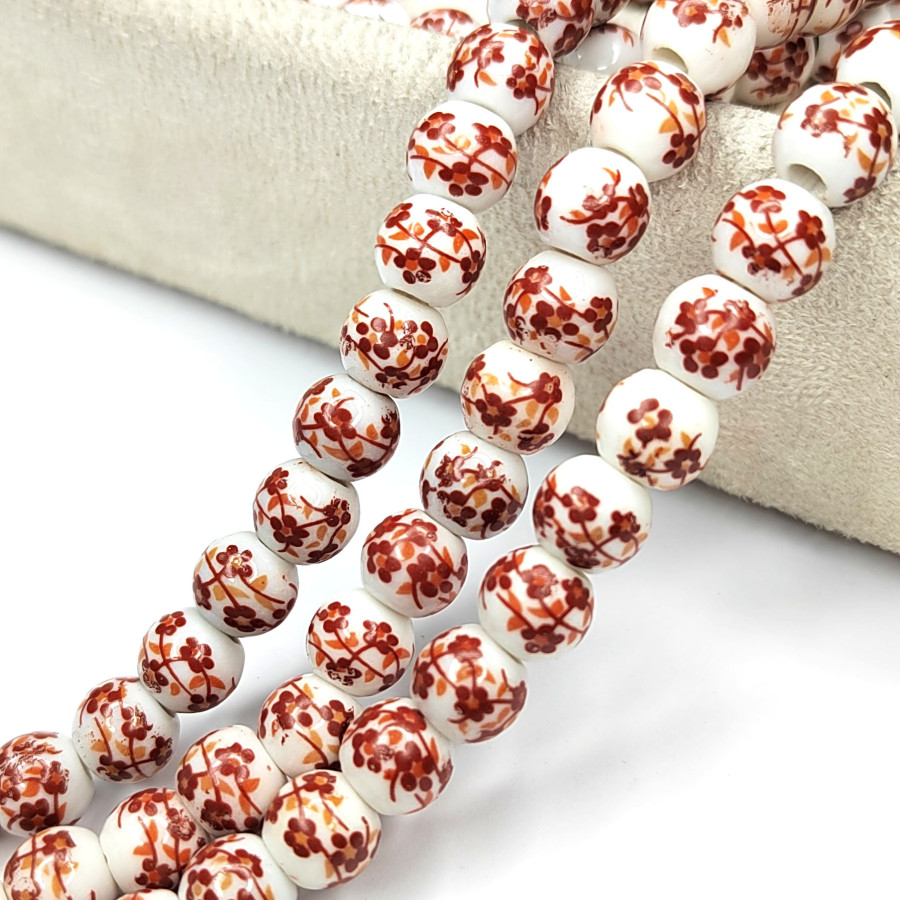 Бусины керамические 8 мм с красным узором Гжель