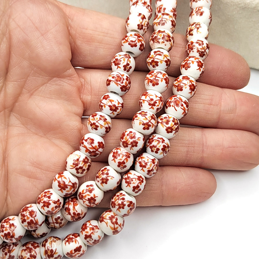 Бусины керамические 8 мм с красным узором Гжель Нить 36 см (48 бусин)