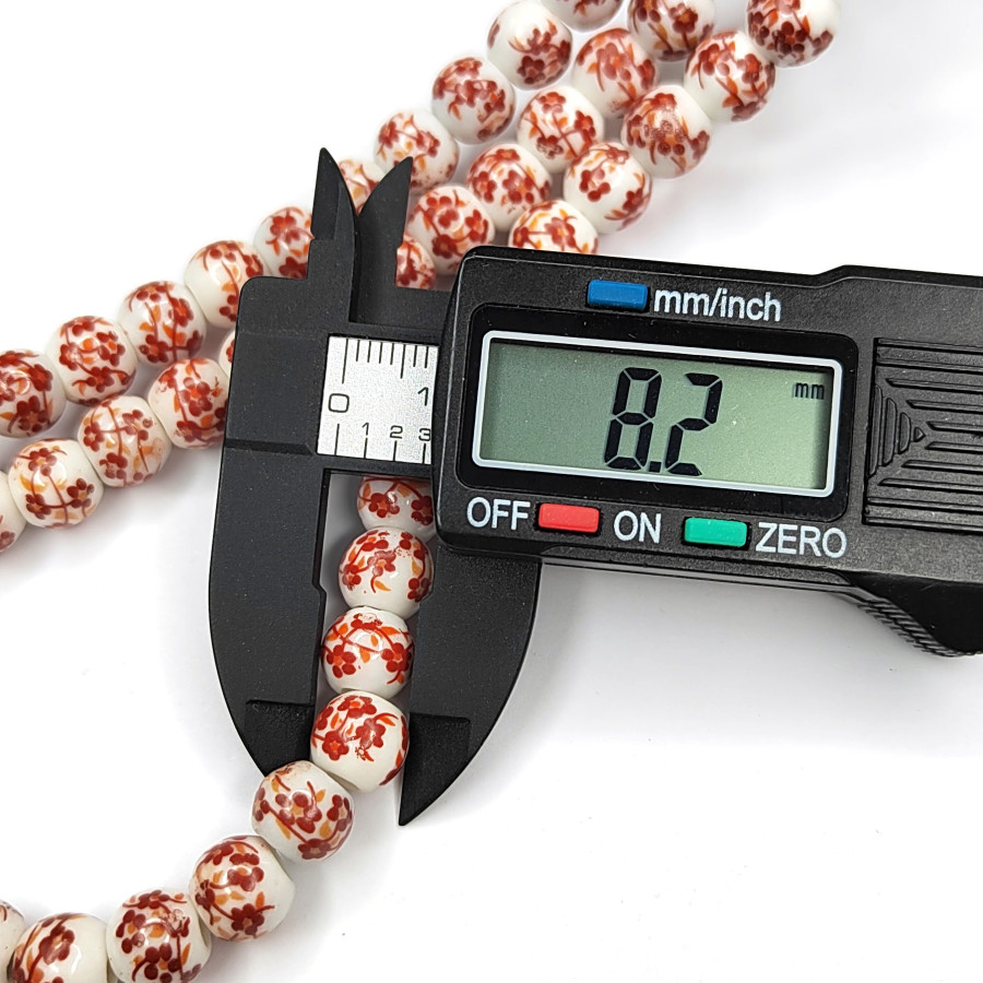 Бусины керамические 8 мм с красным узором Гжель