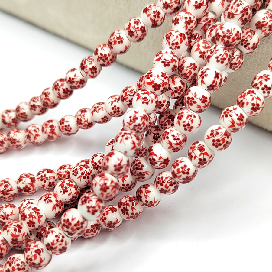 Бусины керамические 6 мм с красным узором Гжель