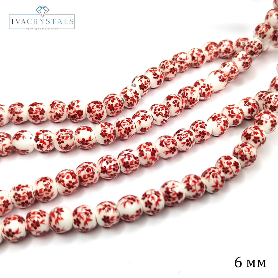 Бусины керамические 6 мм с красным узором Гжель