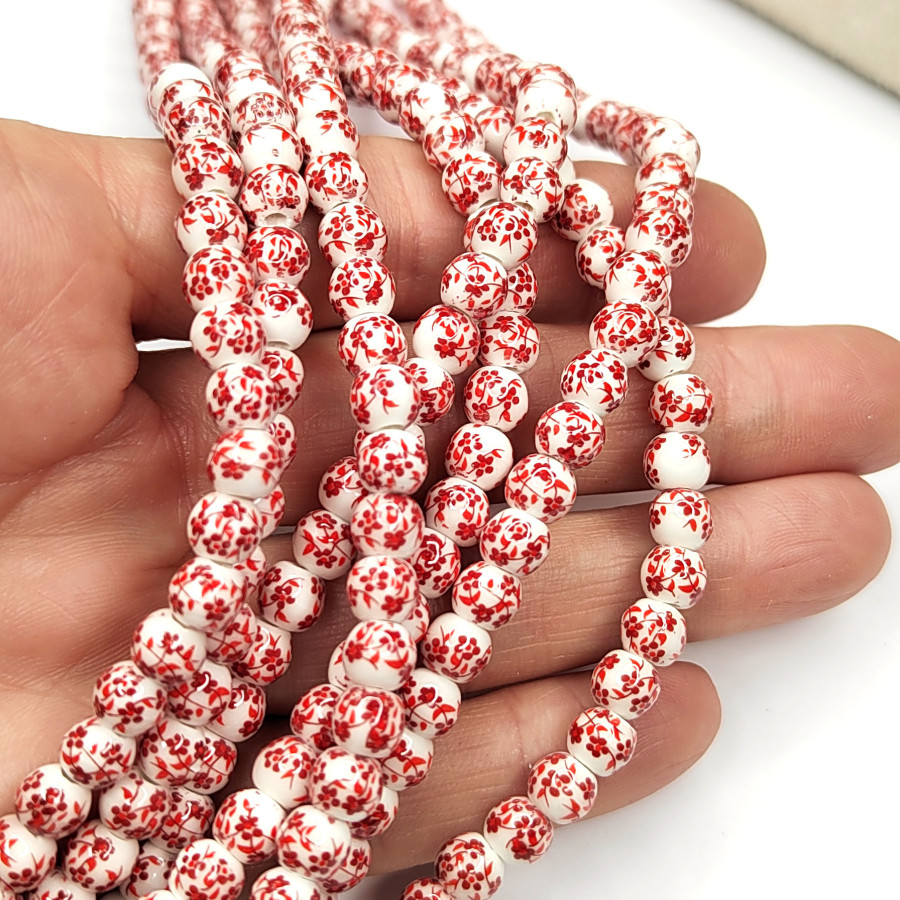 Бусины керамические 6 мм с красным узором Гжель Нить 33 см (61 бусина)