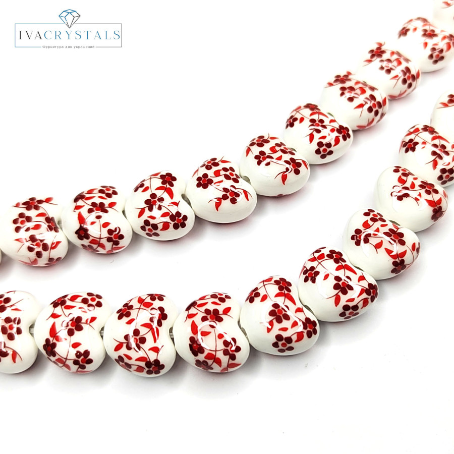 Бусины керамические Сердечко 14 мм с узором Гжель