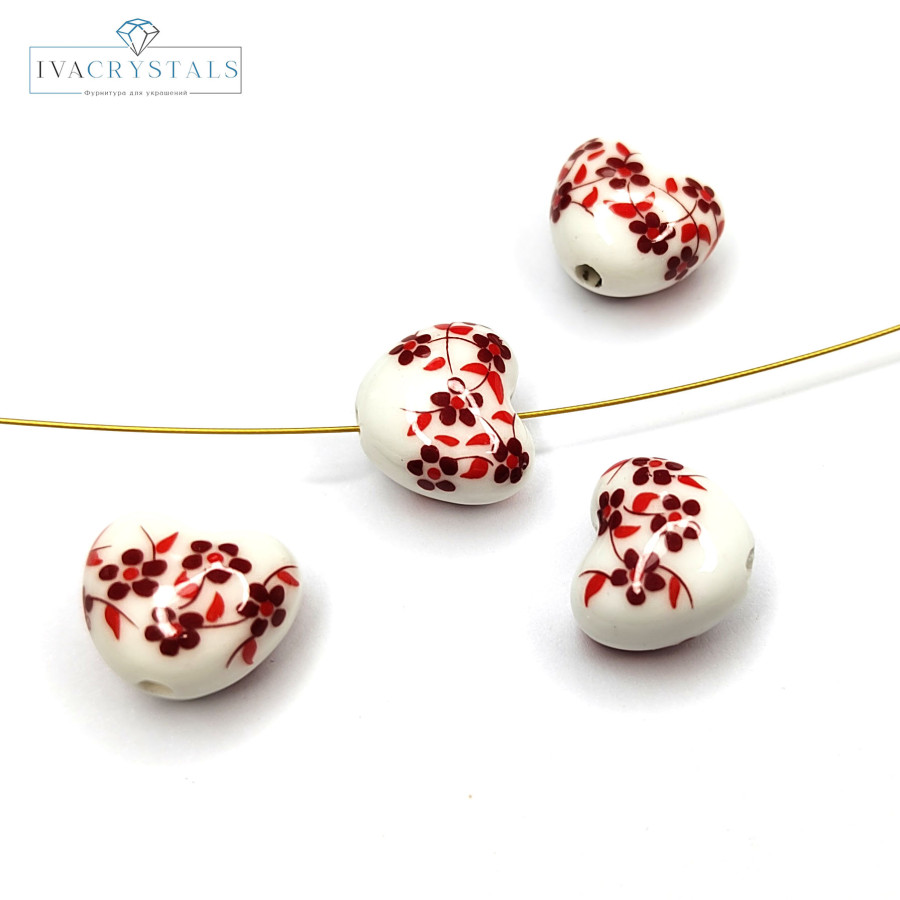 Бусины керамические Сердечко 14 мм с узором Гжель Бусина