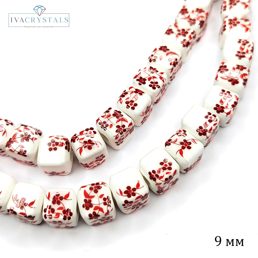 Бусина керамическая Кубик 9 мм с узором Гжель