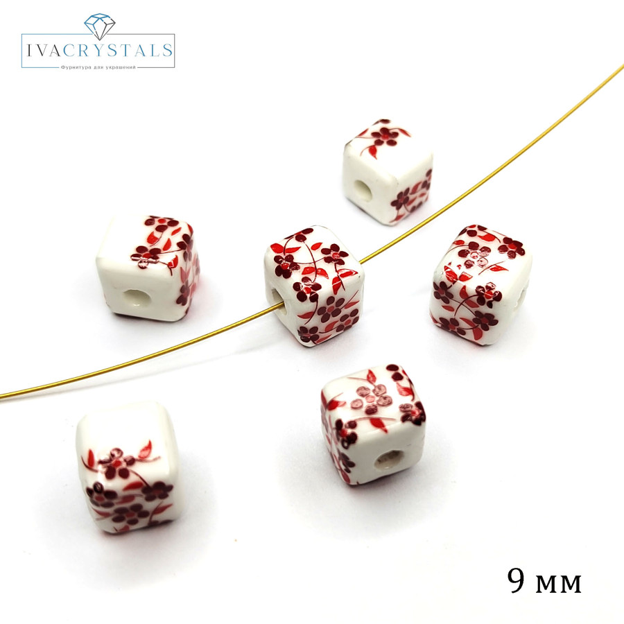 Бусина керамическая Кубик 9 мм с узором Гжель Бусина