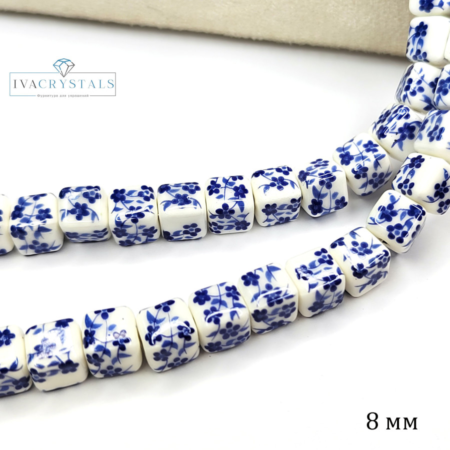 Бусина керамическая Кубик 8 мм с узором Гжель