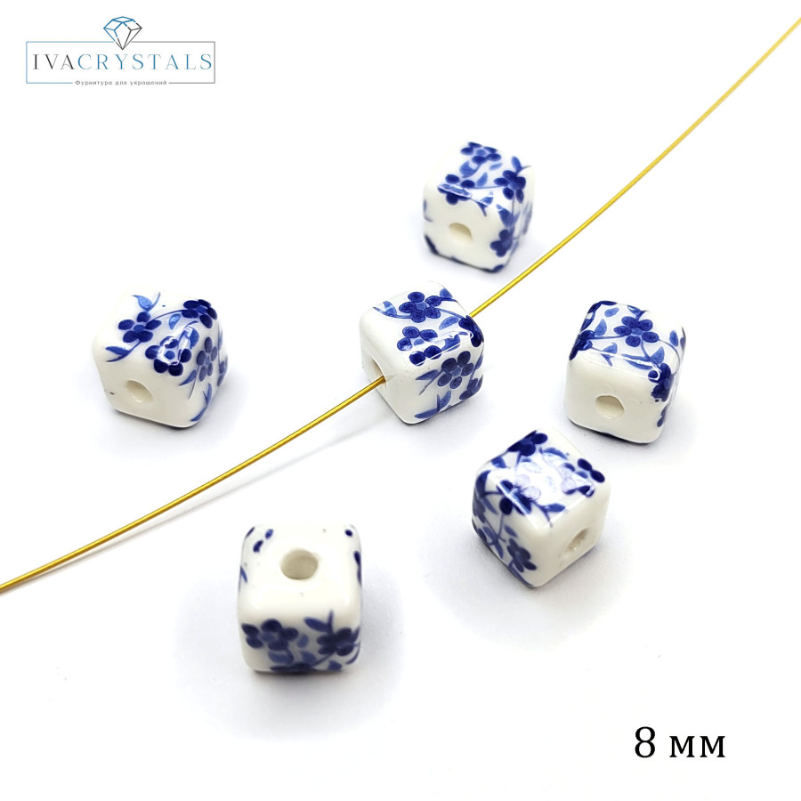 Бусина керамическая Кубик 8 мм с узором Гжель Бусина 